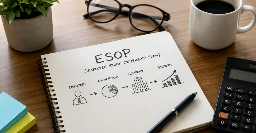 How Does ESOP Work in Indian startups shown through an ESOP planning notebook, calculator, coffee mug, and modern office desk setup.