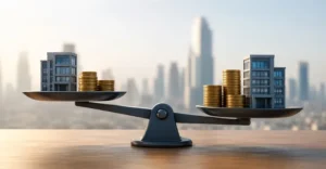 Balance scale with buildings and coins representing pre-money vs post-money valuation
