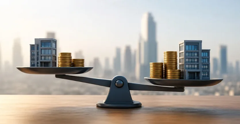 Balance scale with buildings and coins representing pre-money vs post-money valuation