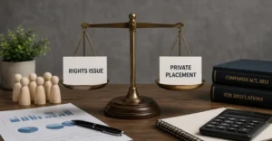Rights Issue and Private Placement comparison showing corporate fundraising methods, shareholder participation, valuation, dilution, and capital raising strategies.