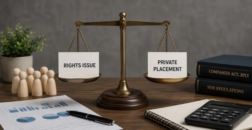 Rights Issue and Private Placement comparison showing corporate fundraising methods, shareholder participation, valuation, dilution, and capital raising strategies.